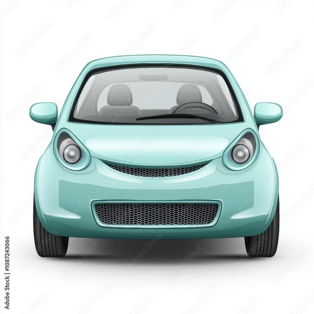 A front view of a light blue compact car against a white background. A front view of a light blue compact car against a white background.