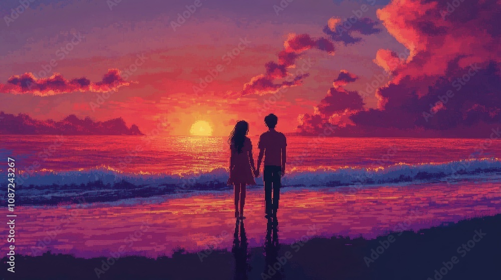 Cute pixelated anime couple walking hand-in-hand on a pixelated beach at sunset. Cute pixelated anime couple walking hand-in-hand on a pixelated beach at sunset.
