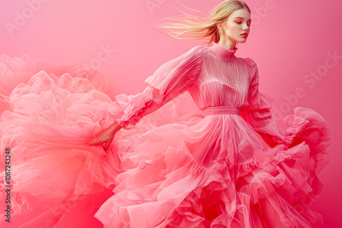 Stylish young woman in trendy pink attire sprinting against vibrant pink backdrop