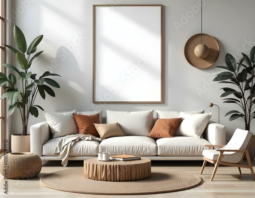 A modern living room with a large beige sofa, wooden coffee table, and hanging light fixture.