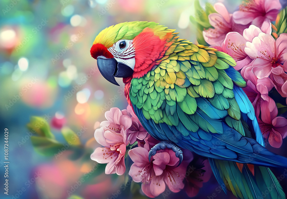 Fototapeta premium A colorful macaw rests on a branch adorned with pink flowers