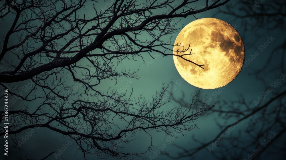 Fototapeta premium The full moon seen through the branches of a barren tree, creating a hauntingly beautiful scene.
