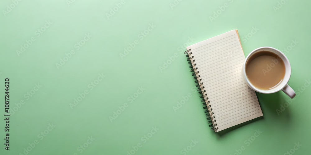 A blank spiral bound notebook and a cup of coffee resting on a pale green surface. A blank spiral bound notebook and a cup of coffee resting on a pale green surface.