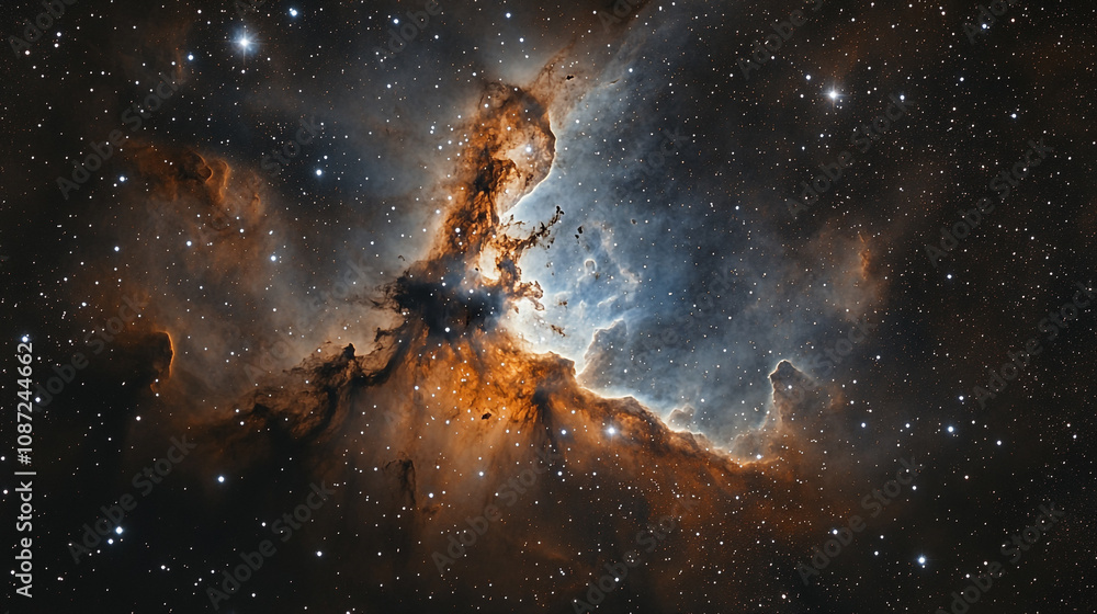 Fototapeta premium A vibrant nebula shines brightly in the night sky over vast cosmic clouds and twinkling stars
