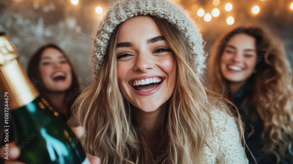 Three joyful women are excitedly holding a champagne bottle, dressed warmly, and celebrating under decorative lights, exuding a sense of camaraderie and festivity. Three joyful women are excitedly holding a champagne bottle, dressed warmly, and celebrating under decorative lights, exuding a sense of camaraderie and festivity.