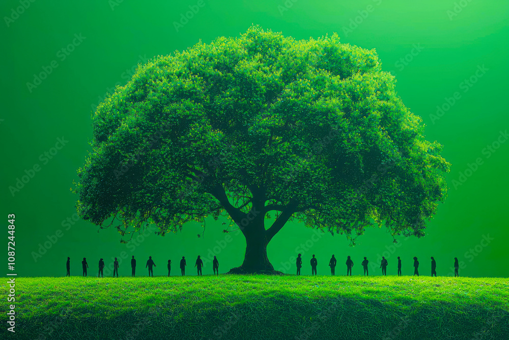 Fototapeta premium Vibrant Green Tree Canopy with Diverse Group of People Enjoying Shade, Isolated on Green Background - Creative Image Concept