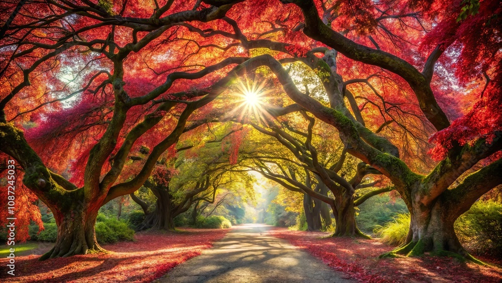 Obraz premium Autumnal Canopy Path Sunlit Road Through Vibrant Red and Gold Leaves