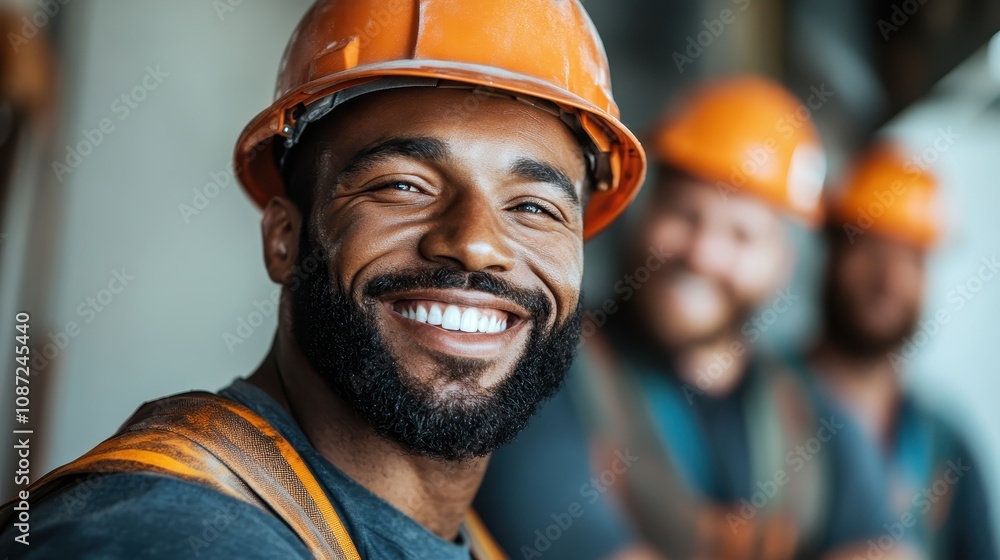A cheerful construction worker with an orange helmet smiling brightly, accompanied by colleagues in the background, reflecting positivity and collaboration. A cheerful construction worker with an orange helmet smiling brightly, accompanied by colleagues in the background, reflecting positivity and collaboration.