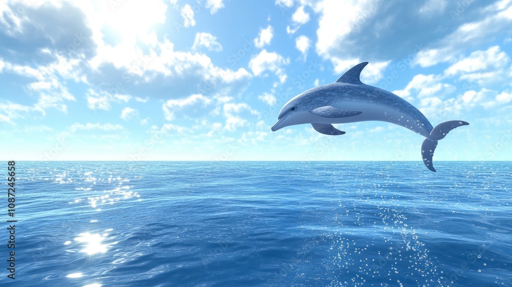 Naklejka premium Dolphin performing a graceful leap, droplets sparkling mid-air, with a bright horizon and ocean backdrop.