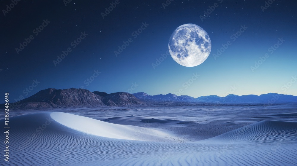 The full moon shining over a desert landscape, highlighting the sand dunes with a silver hue.