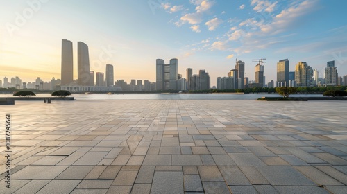 Fototapeta Naklejka Na Ścianę i Meble -  Empty square floor with city skyline background, Cityscape with modern architecture, aerial viewpoint