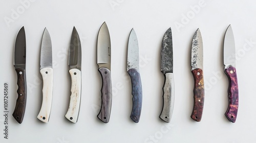 A collection of eight handmade knives displayed on a white background, each with unique blade and handle materials, showcasing craftsmanship and artistry in metalwork. photo