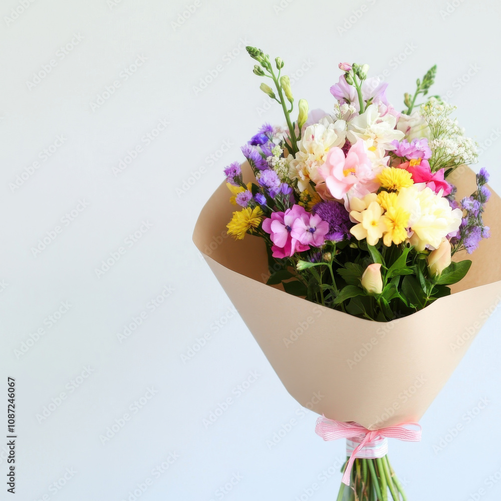 vibrant bouquet of mixed flowers wrapped in brown paper, perfect for birthdays or special occasions, showcasing variety of colors and textures vibrant bouquet of mixed flowers wrapped in brown paper, perfect for birthdays or special occasions, showcasing variety of colors and textures