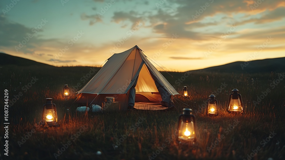 Tent and Lanterns at Sunset
Tent and Lanterns at Sunset