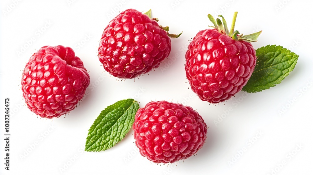 Fresh Ripe Raspberries with Mint Leaves on White Background: A Vibrant Food Image for Healthy Eating and Summer Recipes Fresh Ripe Raspberries with Mint Leaves on White Background: A Vibrant Food Image for Healthy Eating and Summer Recipes