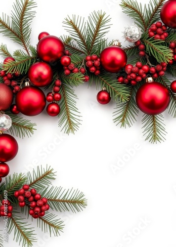 Christmas composition garland made of red balls and fir tree branches on white background christmas winter new year concept flat lay top view copy space christmas wreath decoration holiday frame