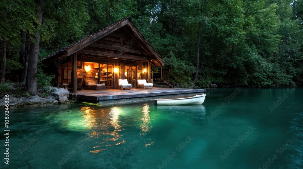 Fototapeta premium A cozy wooden cabin by a tranquil forest lake with glowing interior lights, nestled among lush trees, reflecting peacefully on the water, capturing serenity.