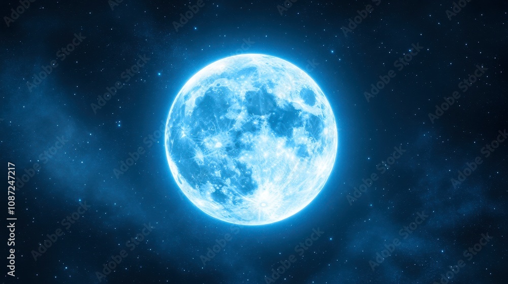The full moon surrounded by a halo of mist, set against a deep blue night sky. The full moon surrounded by a halo of mist, set against a deep blue night sky.