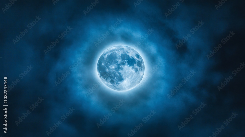 The full moon surrounded by a halo of mist, set against a deep blue night sky. The full moon surrounded by a halo of mist, set against a deep blue night sky.