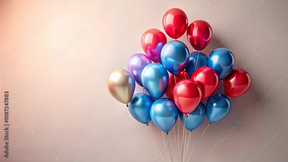 A cluster of shiny metallic balloons in red, blue, and gold hues against a neutral backdrop A cluster of shiny metallic balloons in red, blue, and gold hues against a neutral backdrop
