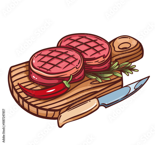 Filet mignon steaks on wooden board with knife and chili pepper. Outline hand drawn color sketch of tenderloin meat cuts with rosemary. BBQ, restaurant menu mascot, steak icon vector illustration
