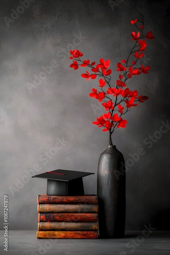 Minimalist yet powerful composition of a lone graduation cap resting on a solitary stack of books distilling the essence of academic achievement  The cap s clean photo