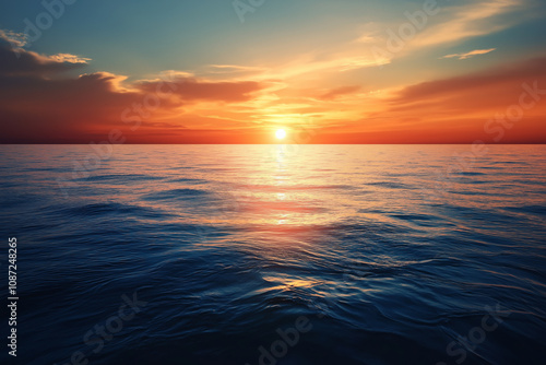 Serene Ocean Sunset with Vibrant Sky Reflections Over Calm Water.