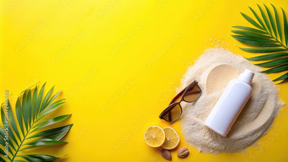 Summertime essentials arranged on a bright yellow background with a tropical palm leaf and a pile of sand. Summertime essentials arranged on a bright yellow background with a tropical palm leaf and a pile of sand.