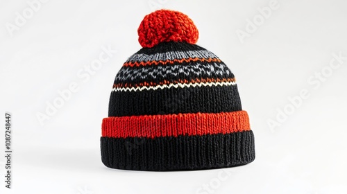 A Warm Embrace: Black and Red Knitted Pom-Pom Winter Hat - Perfect for Cold Weather Adventures