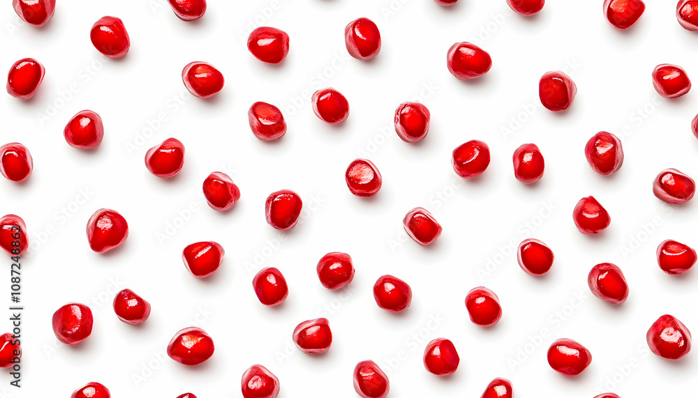 Vibrant red pomegranate seeds arranged in a scattered pattern on a clean white background, ideal for food blogs, healthy eating websites, or culinary publications. Vibrant red pomegranate seeds arranged in a scattered pattern on a clean white background, ideal for food blogs, healthy eating websites, or culinary publications.