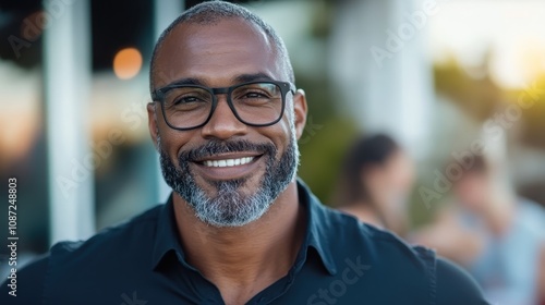 A bearded man with glasses smiles warmly while sitting in a cozy outdoor cafe, representing relaxation and the enjoyment of a leisurely afternoon or social meeting.