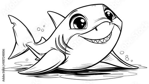 Happy Shark Cartoon Character Coloring Page for Kids Adorable Illustration Cheerful Sea Creature Fun Drawing for Children Playful Ocean Animal Art Page