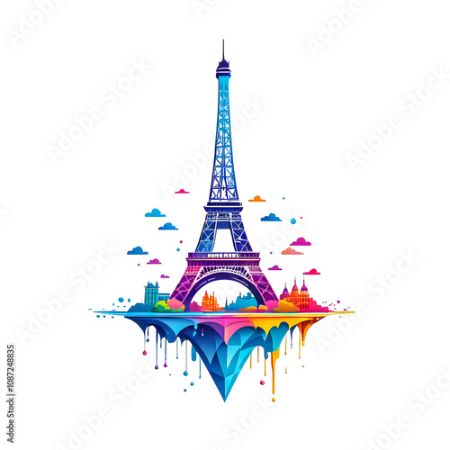 Illustration of Eiffel Tower in Paris on white background.