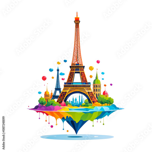 Illustration of Eiffel Tower in Paris on white background.
