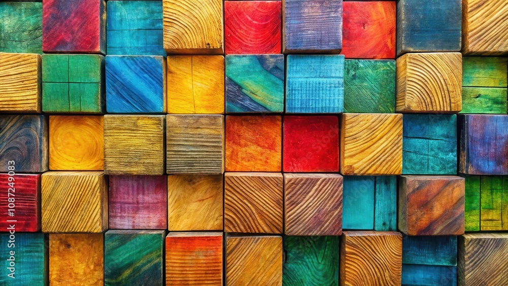 A Colorful Array of Wooden Cubes, Arranged in a Geometric Pattern, showcasing the Beauty of Natural Wood Grain and Vibrant Paint A Colorful Array of Wooden Cubes, Arranged in a Geometric Pattern, showcasing the Beauty of Natural Wood Grain and Vibrant Paint