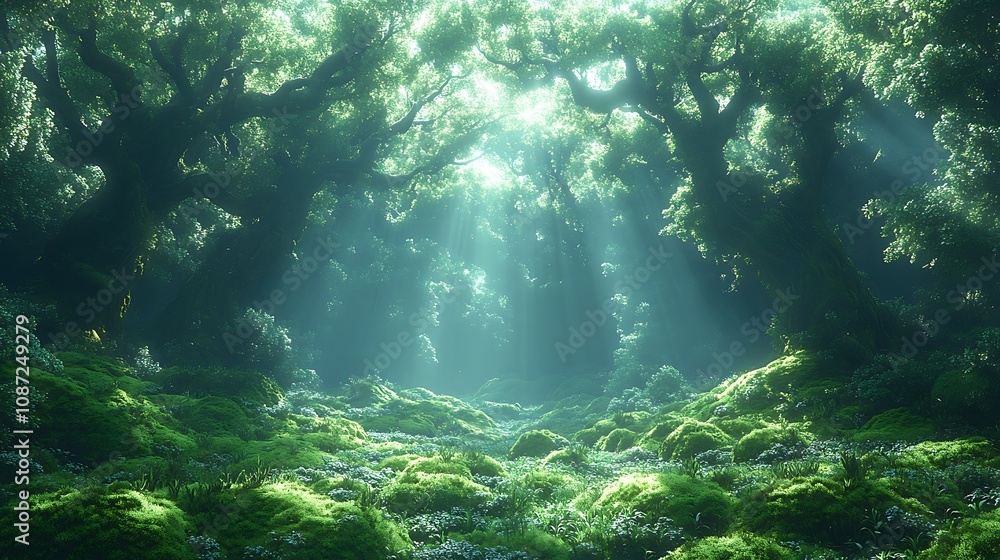 Naklejka premium Sunbeams illuminate a mystical, moss-covered forest path.