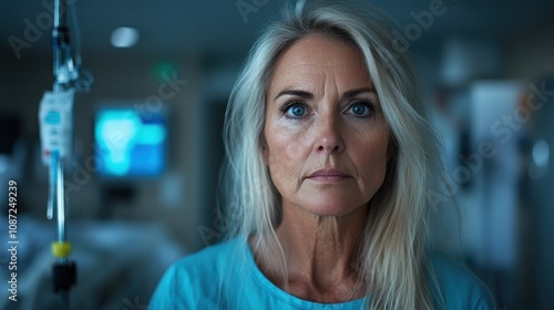 A determined female nurse in blue stands by an IV setup in a hospital, portraying determination and compassion in providing crucial healthcare and patient support. photo