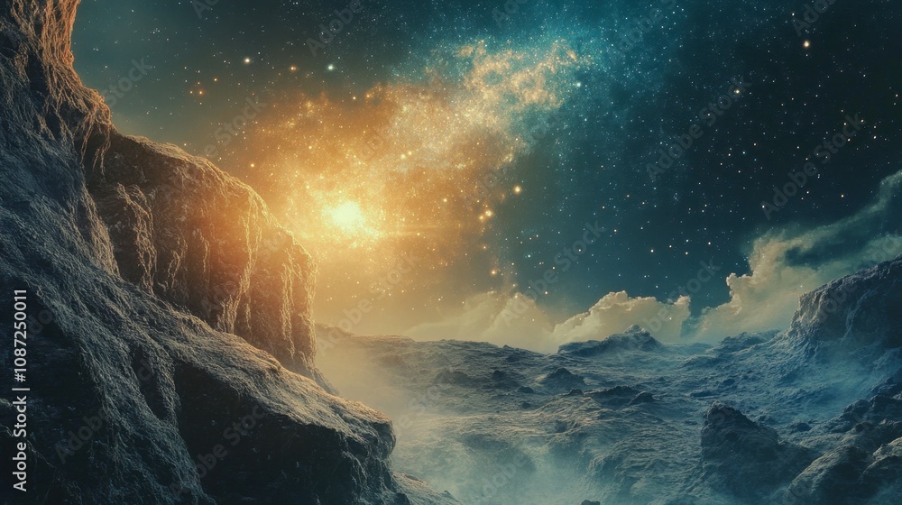 Naklejka premium The galaxy's core glowing above a high cliff, casting an ethereal light on the rugged terrain below.