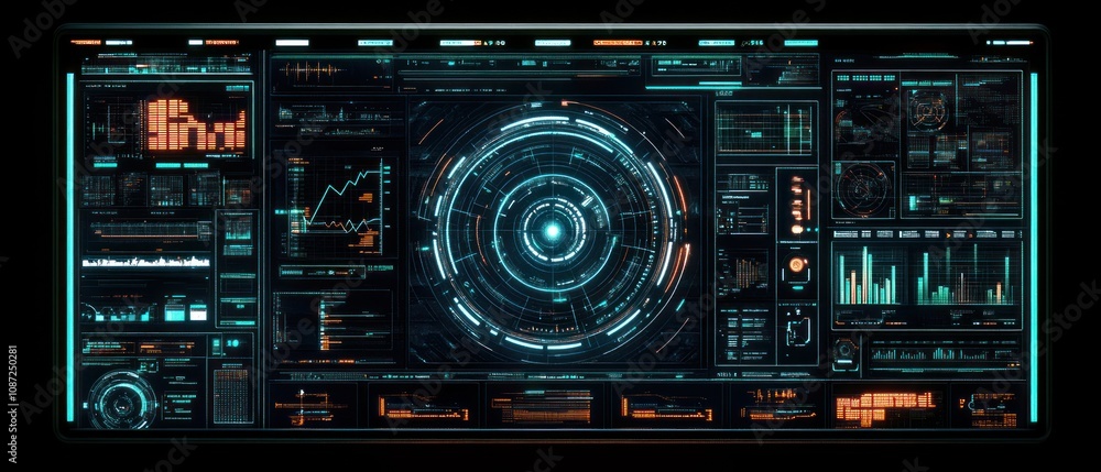 Fototapeta premium Futuristic control interface displaying data analytics and visualizations.