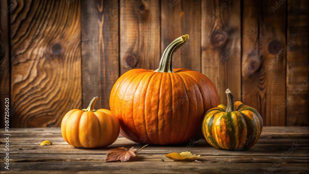 A trio of pumpkins resting against a rustic wooden backdrop, showcasing the vibrant hues of autumn A trio of pumpkins resting against a rustic wooden backdrop, showcasing the vibrant hues of autumn