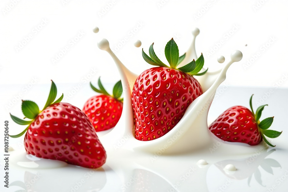 Strawberries splashing in milk on a white background. Strawberries splashing in milk on a white background.