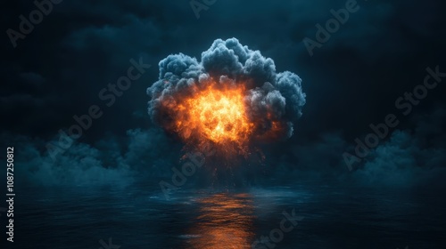 A dramatic volcanic eruption in the deep sea exhibits a fiery core bursting amidst tumultuous water, blending elements of fiery chaos and serene water's tranquility. photo