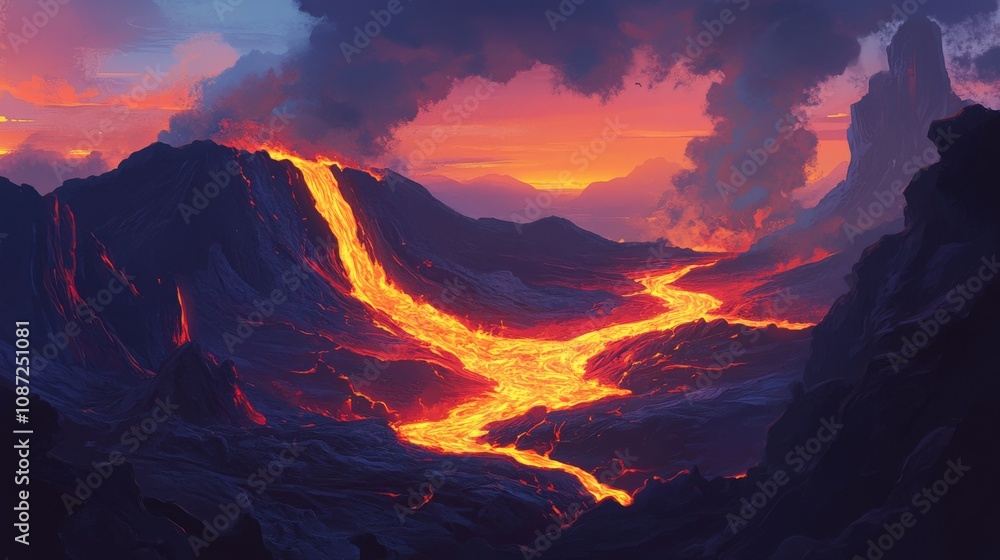 Fototapeta premium Molten River Flowing Through a Volcanic Landscape at Sunset