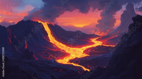 Molten River Flowing Through a Volcanic Landscape at Sunset