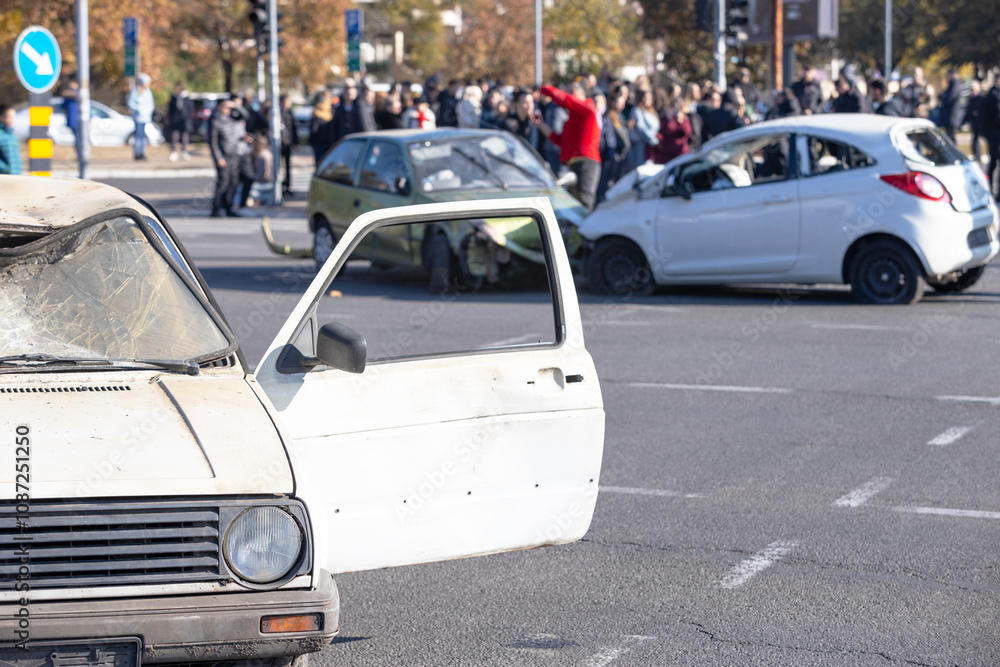 Heavily damaged cars after a collision at a busy intersection
Heavily damaged cars after a collision at a busy intersection