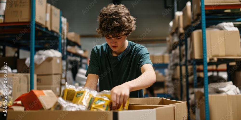 Fototapeta premium A young person volunteering at a food bank, packing boxes with groceries
