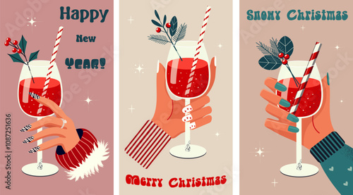 Poster for the new year. Hand holds a glass with a festive drink, decorated with a spruce branch, viburnum berries and straw. Cute vector poster for a postcard, banner, vector