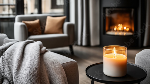 Cozy living room interior with a burning candle on a small table, gray blanket draped over a sofa, armchair with cushions, and a glowing fireplace in the background.