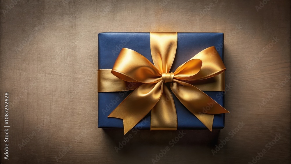 A single navy blue gift box with a large, elegant golden bow, resting on a brown textured surface, ready to be opened and shared. A single navy blue gift box with a large, elegant golden bow, resting on a brown textured surface, ready to be opened and shared.