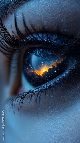 A closeup of an eye reflecting a starry sky. photo